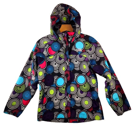 North Face Youth Girls L Windbreaker Rain Jacket Multi Circles Packable Hood - Picture 1 of 12